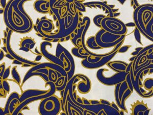 Királykék–mustár barokkos paisley viszkóz flokon