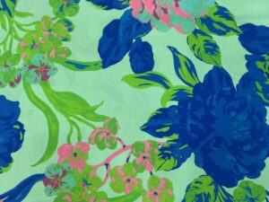 Türkiz alapon nagyméretű pünkösdirózsa mintás viszkóz flokon